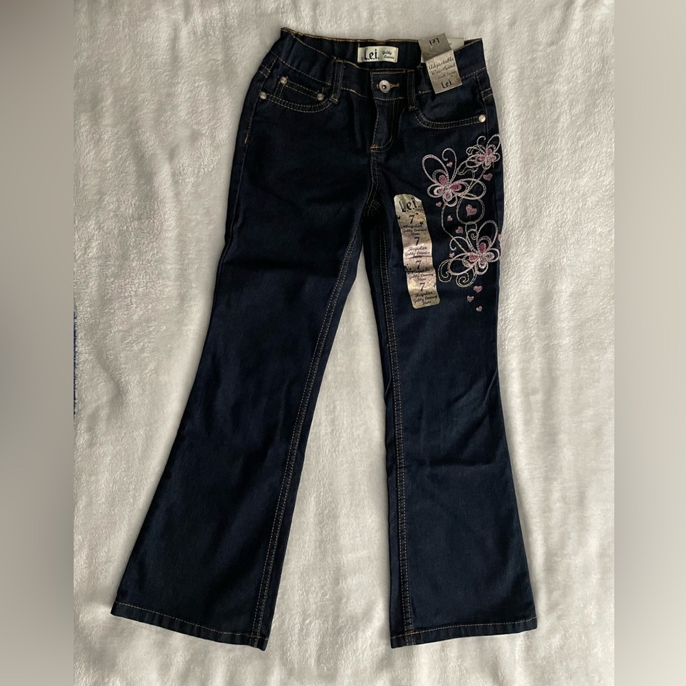 L.E.I. Dark Denim Butterfly Flare Jeans size 7 girls NWT